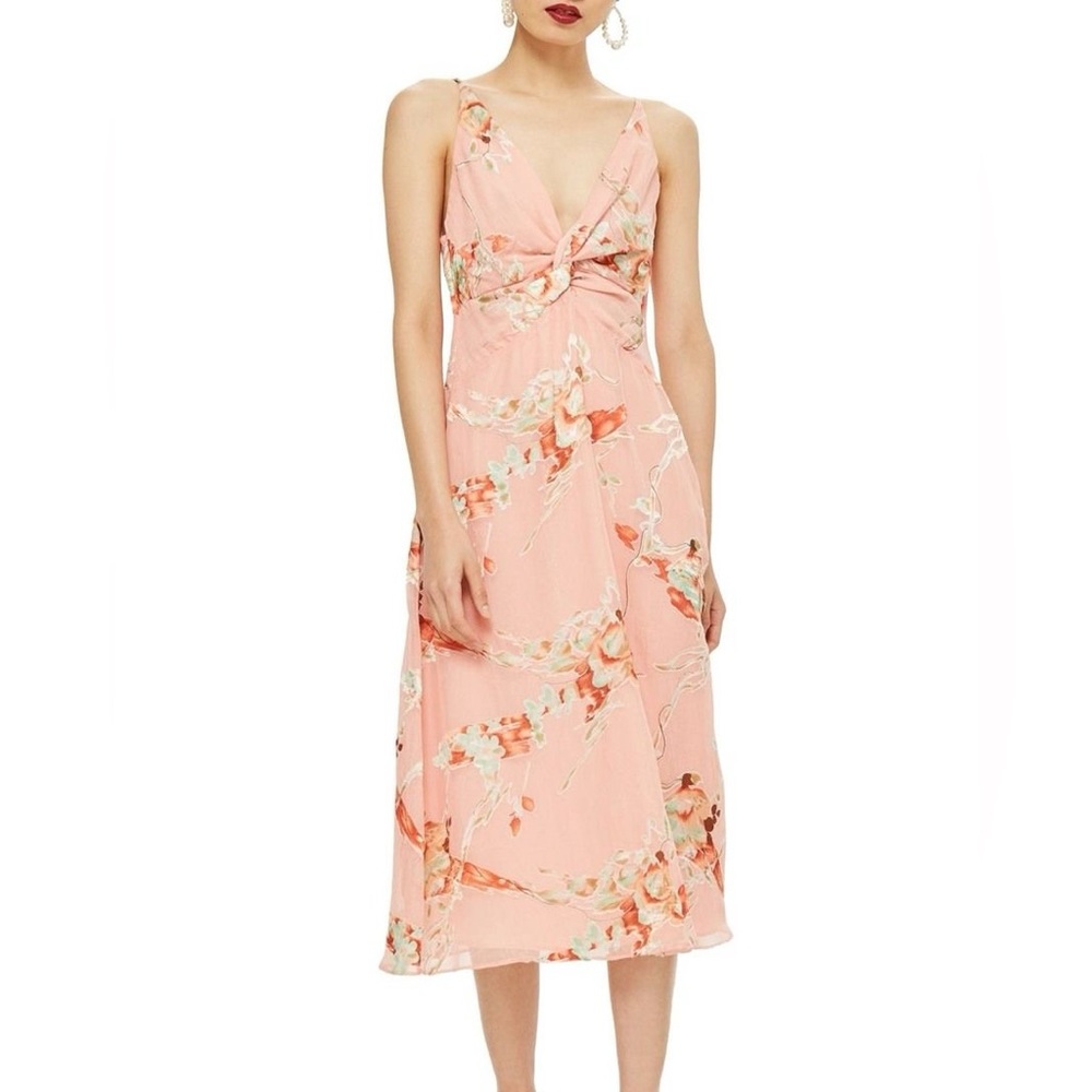 TOPSHOP Twist Front Floral Midi Dress in Blush | US 4 | UK 8